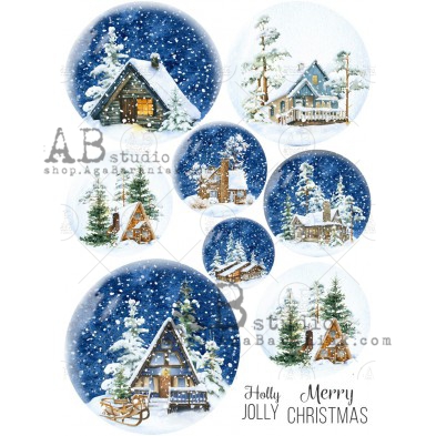  Rice Paper for Decoupage A4 Merry Christmas (Winter Moon  Ornaments - 2 Sheets)