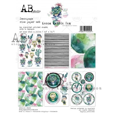 Zestaw papierów ryżowych 6x A4 "Green bubble tea decoupage A4
