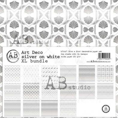 Art Deco paper silver on white XL bundle - 16 sheets - 16 designs - 30x30